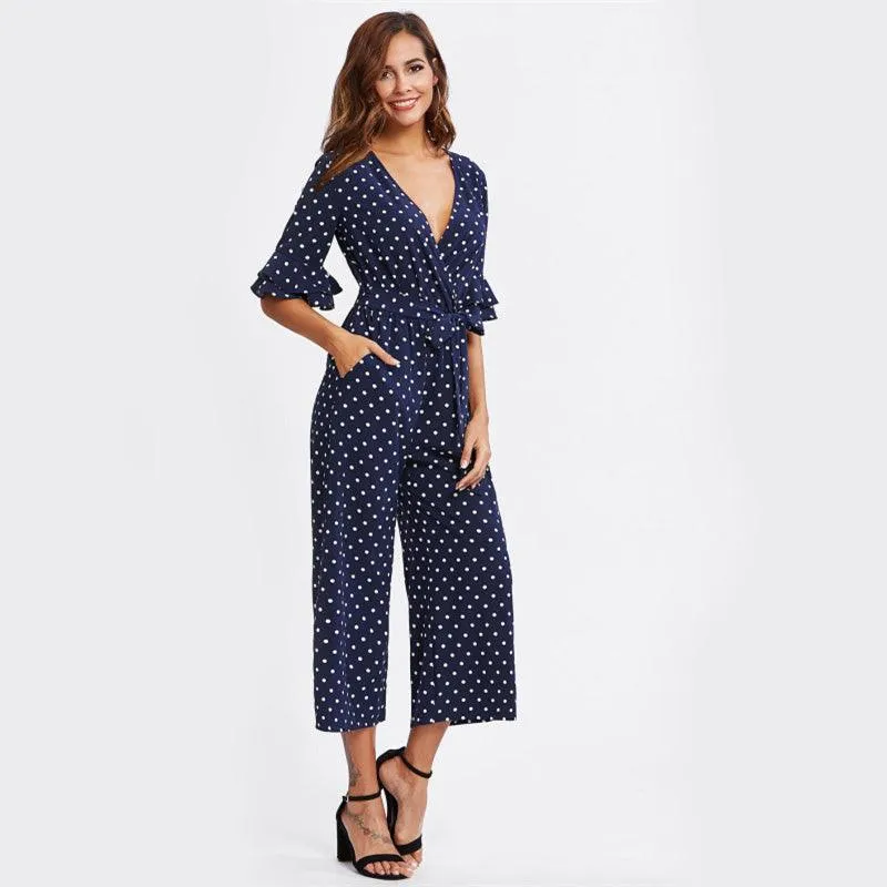 NAVY DOTS ANKLE PANTS JUMPSUIT