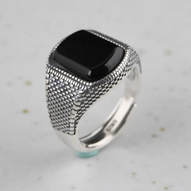 Open Ring Punk Thai Black Agate Adjustable Ring - 925 Sterling Silver