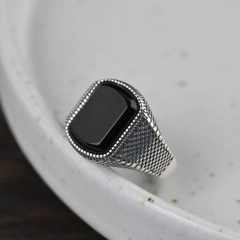 Open Ring Punk Thai Black Agate Adjustable Ring - 925 Sterling Silver