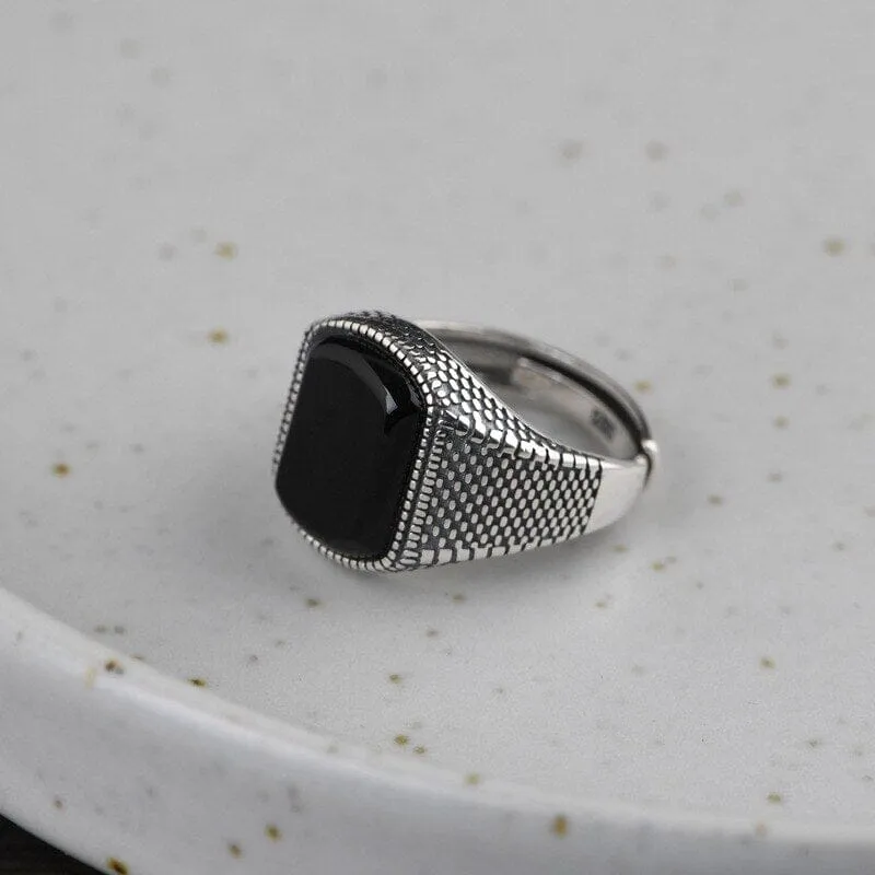 Open Ring Punk Thai Black Agate Adjustable Ring - 925 Sterling Silver