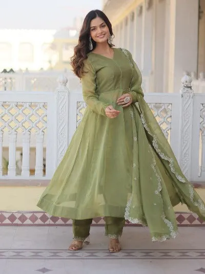 Pastel Green Russian Silk Flair Anarkali Suit Set