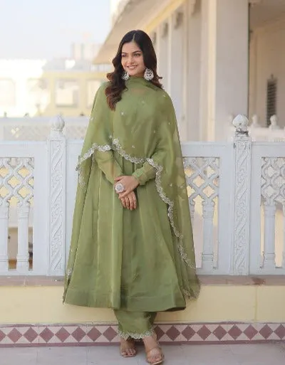 Pastel Green Russian Silk Flair Anarkali Suit Set