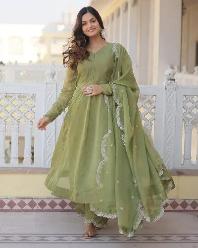 Pastel Green Russian Silk Flair Anarkali Suit Set