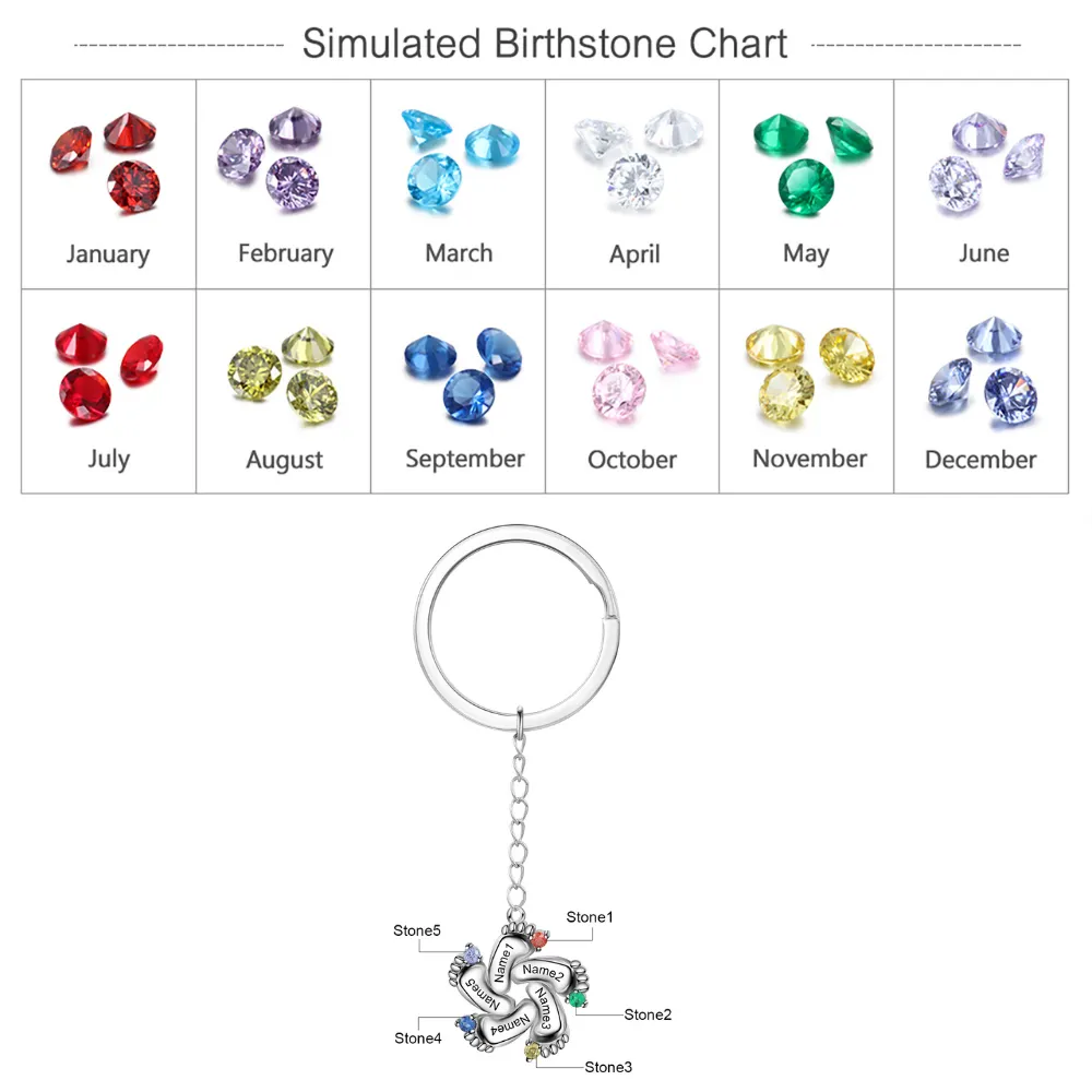 Personalized 5 Names And Birthstones Engraved Baby Foot Keychains