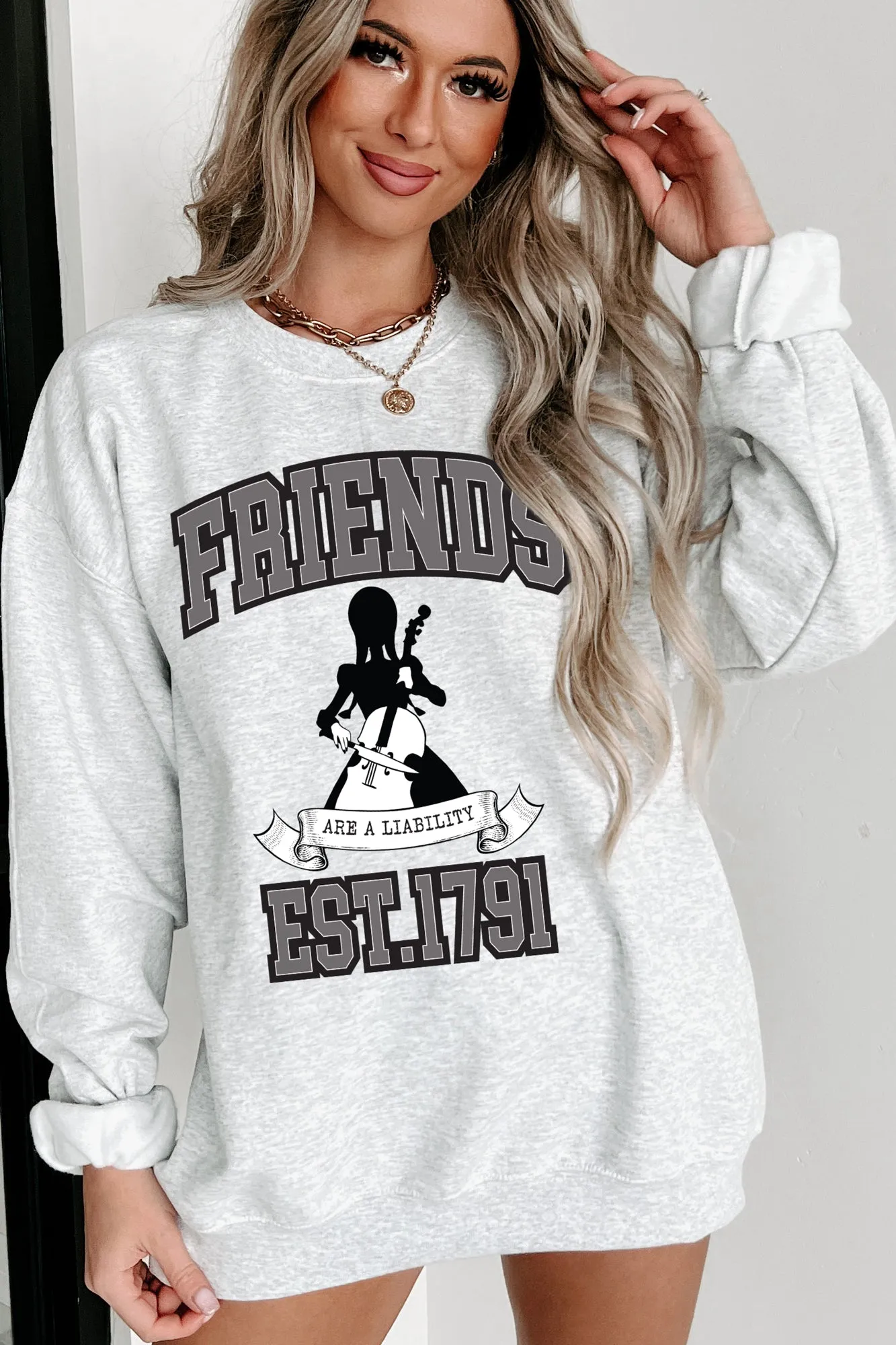 "Friends Are A Liability" Graphic Crewneck (Ash) - Print On Demand