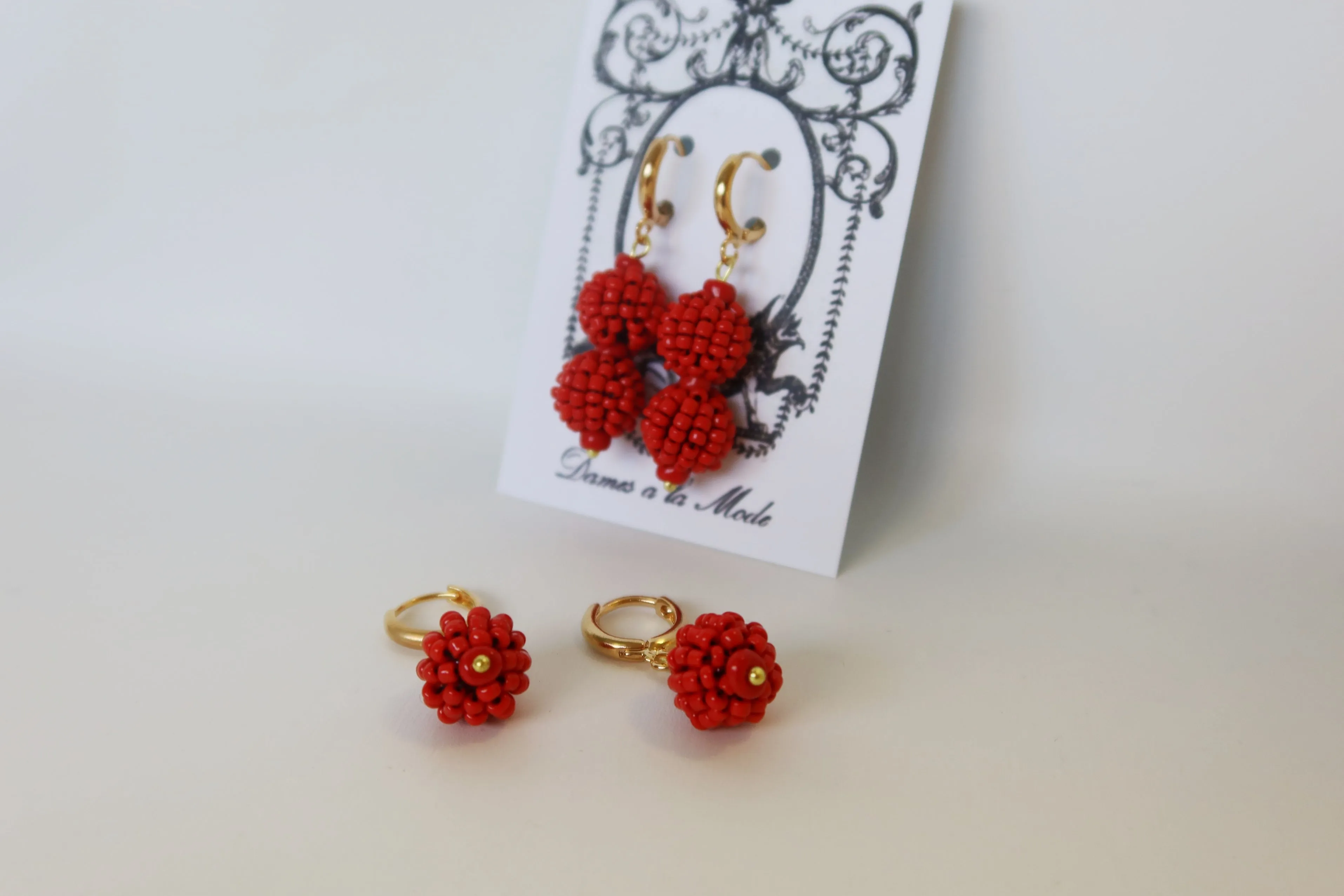 Red Coral Cluster Dangle Earrings