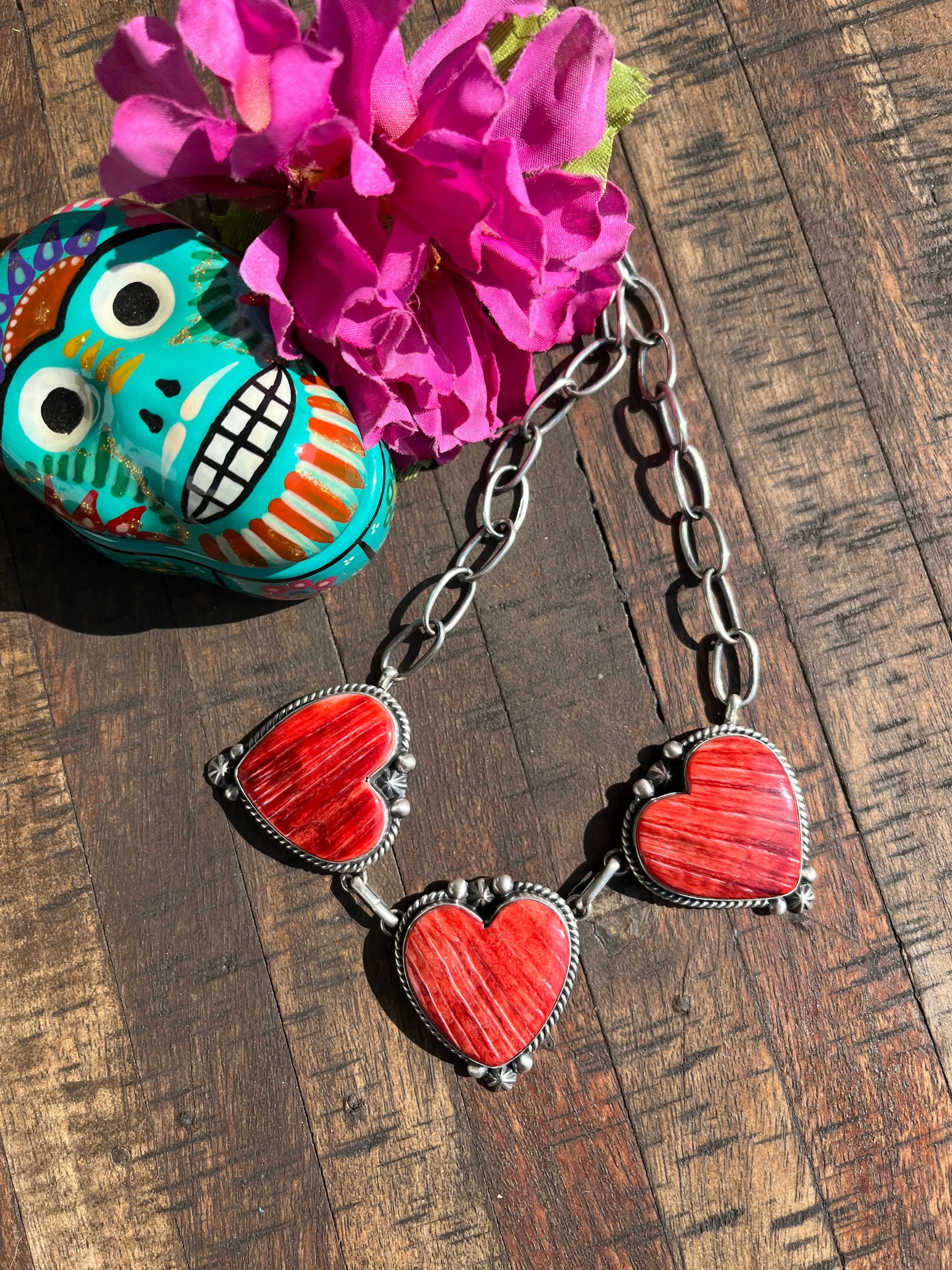 Red Spiny Triple Heart Necklace #1