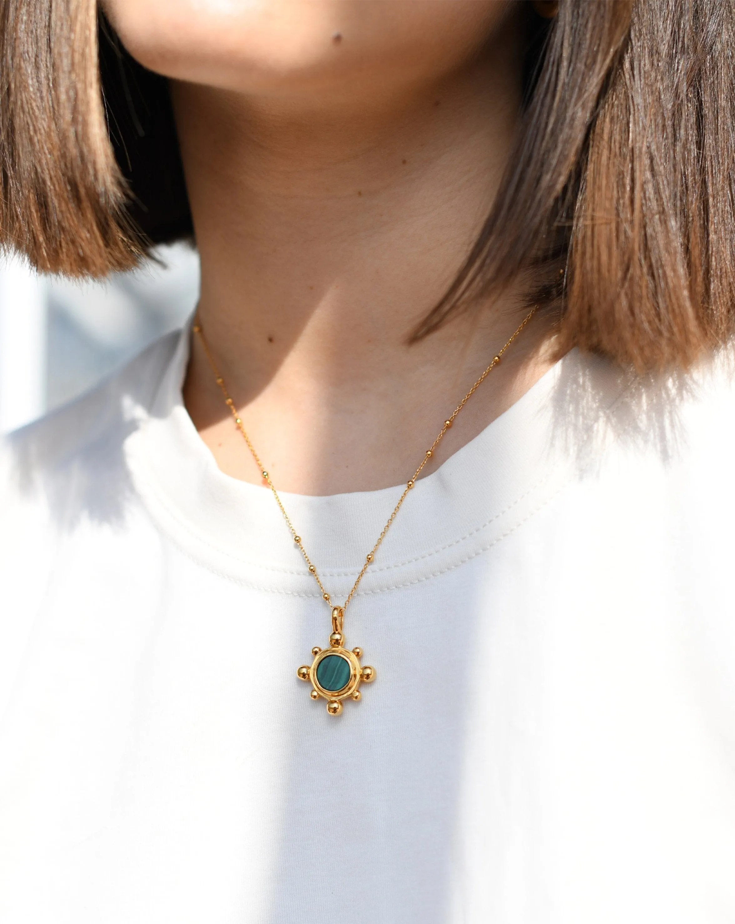 Sphere Round Pendant Necklace | 18ct Gold Plated/Malachite