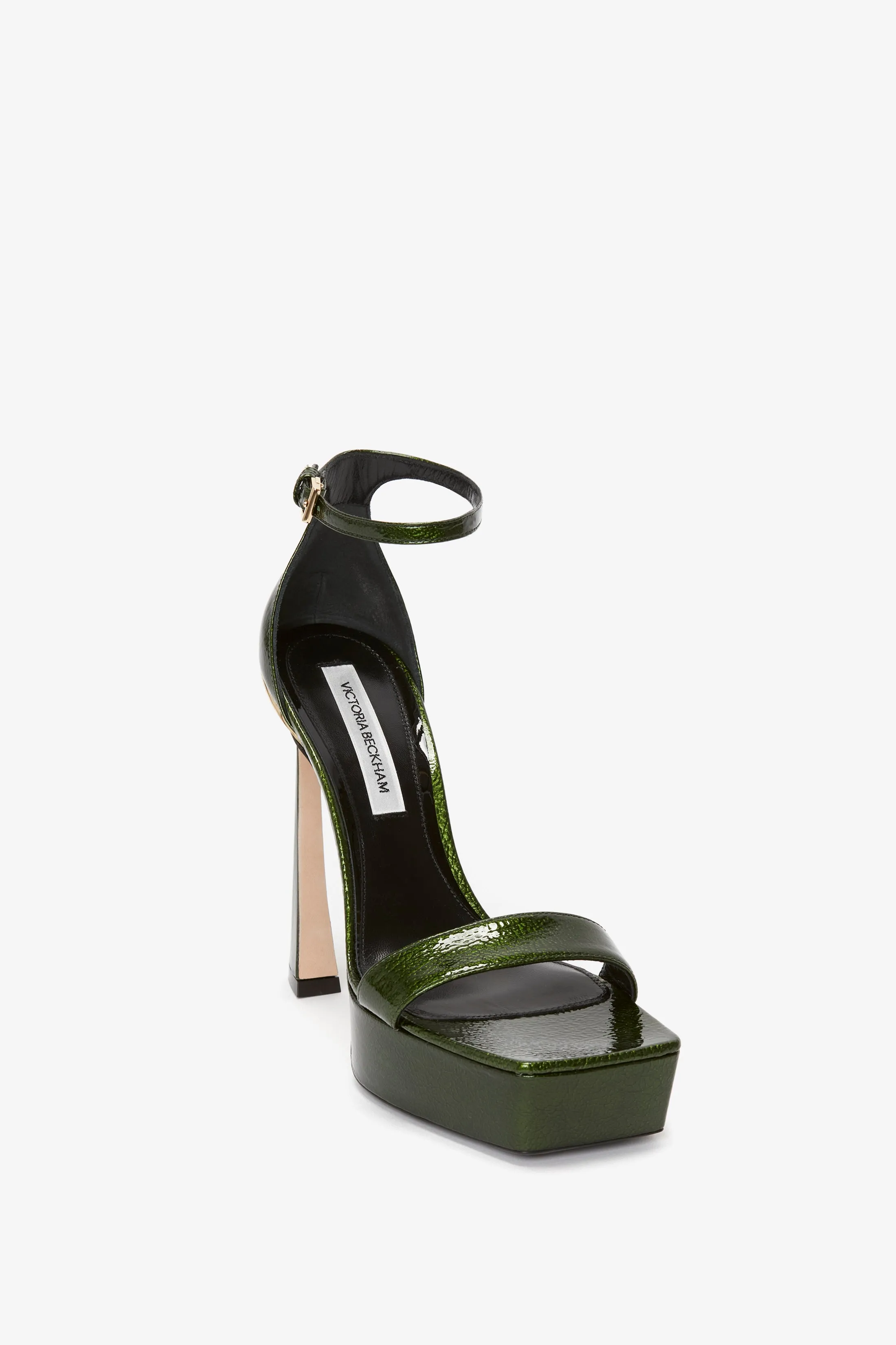 Squared Toe Platform Sandal in Green Grained Patent