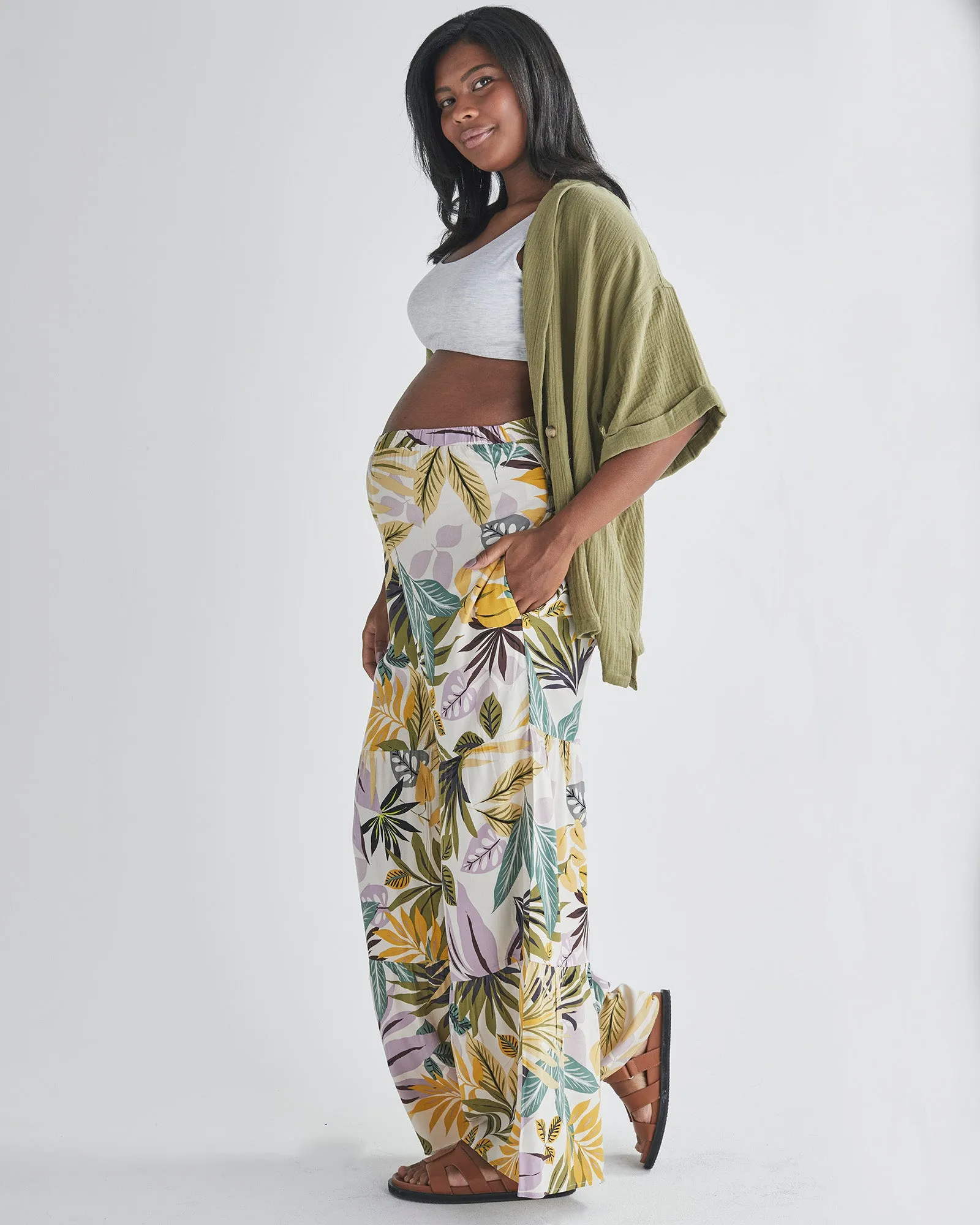 Stacie Wide Leg Maternity Ruffled Pants in Green Flora