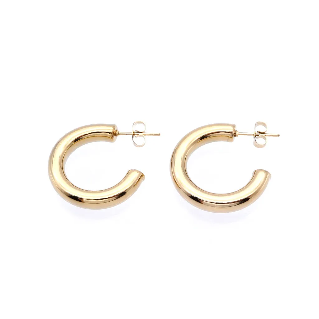 Stainless Steel Thick Tube Hoop Earrings - Gold