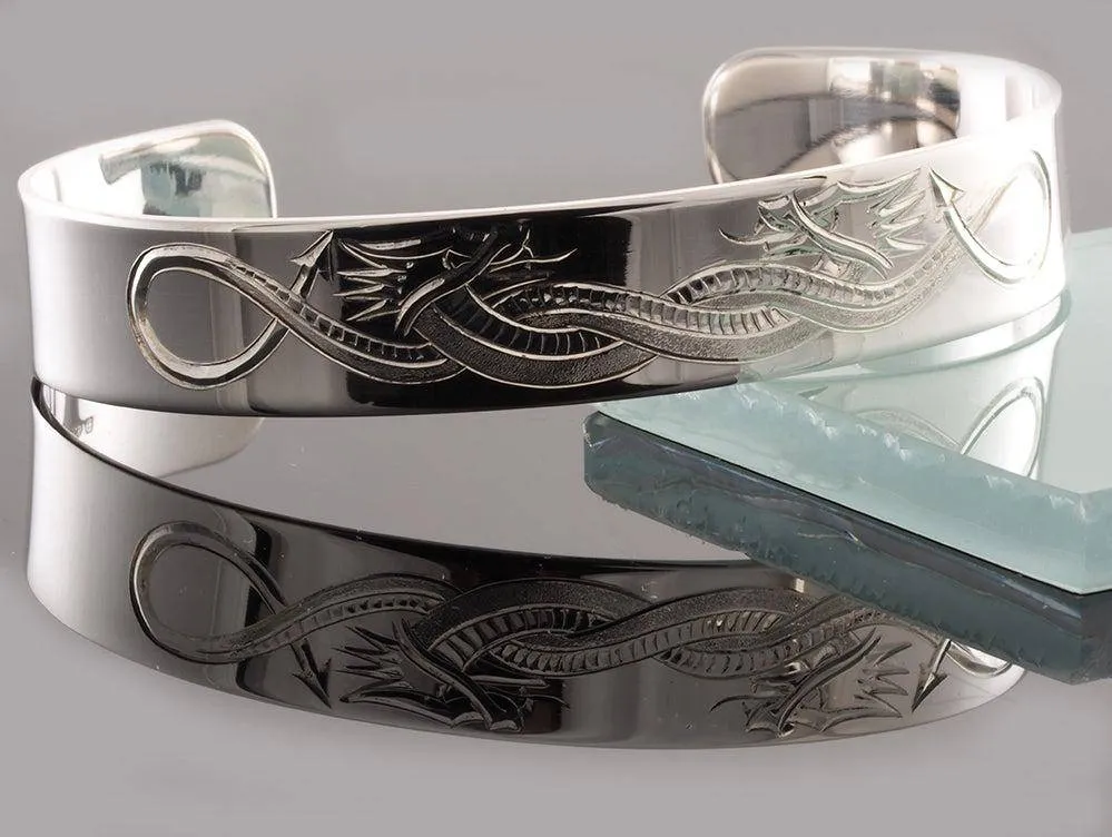 Sterling Silver Cuff Bracelet Hand Engraved Celtic Dragon Design