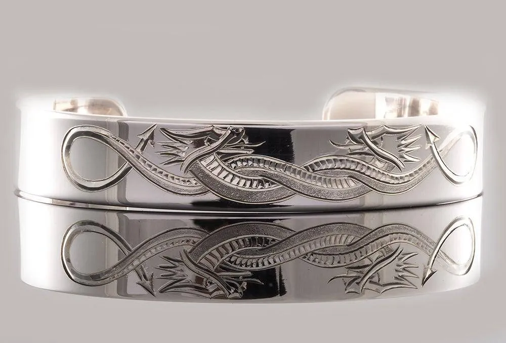 Sterling Silver Cuff Bracelet Hand Engraved Celtic Dragon Design