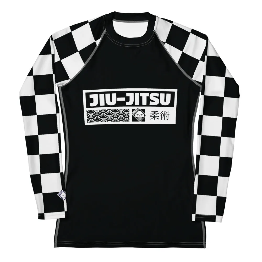 Trendy Training Attire: Checkered Women's Long Sleeve BJJ Rash Guard - Noir Jiu-Jitsu