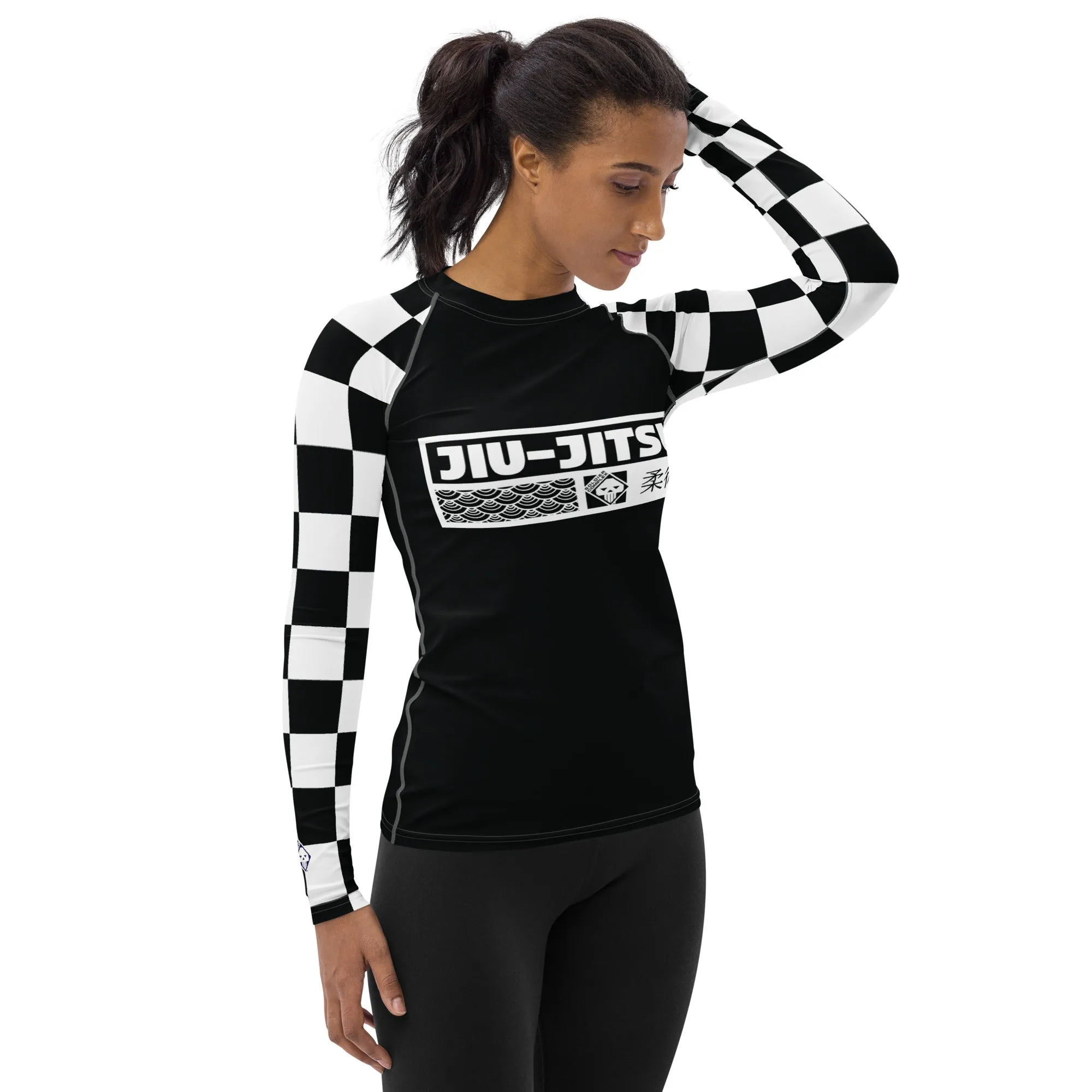 Trendy Training Attire: Checkered Women's Long Sleeve BJJ Rash Guard - Noir Jiu-Jitsu