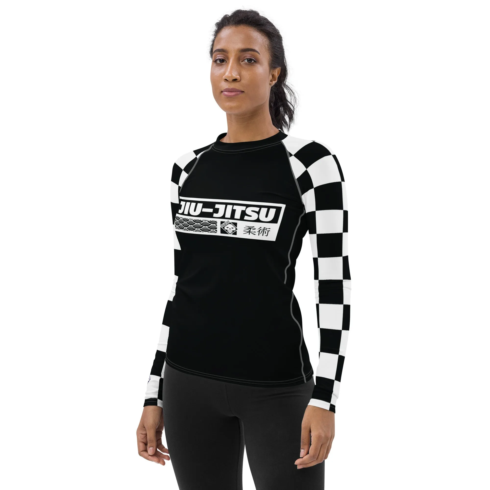 Trendy Training Attire: Checkered Women's Long Sleeve BJJ Rash Guard - Noir Jiu-Jitsu