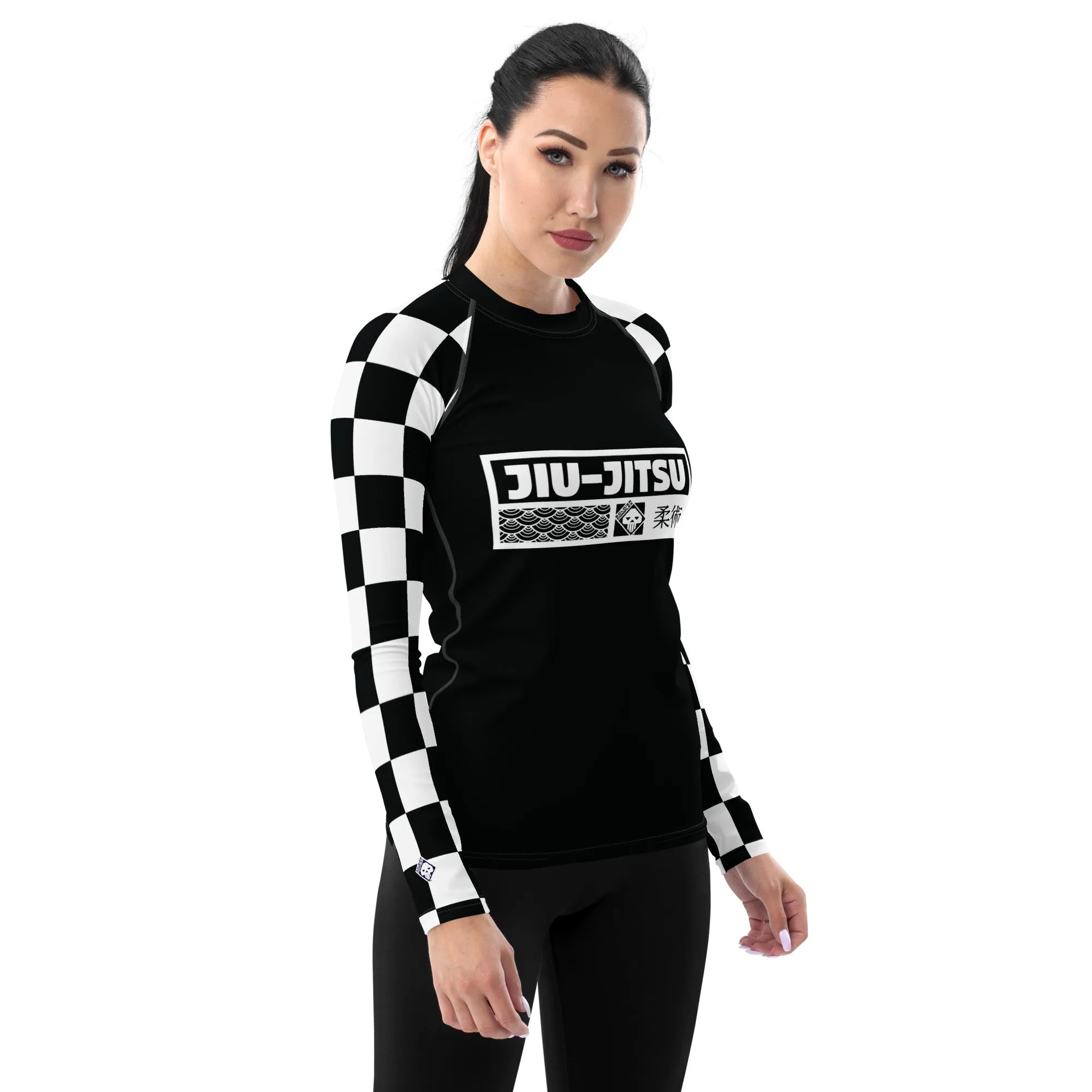 Trendy Training Attire: Checkered Women's Long Sleeve BJJ Rash Guard - Noir Jiu-Jitsu