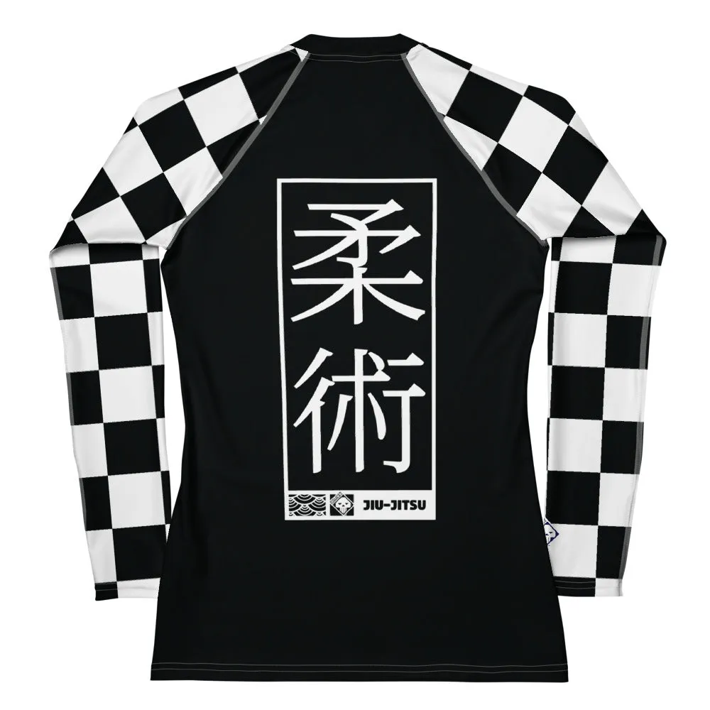 Trendy Training Attire: Checkered Women's Long Sleeve BJJ Rash Guard - Noir Jiu-Jitsu