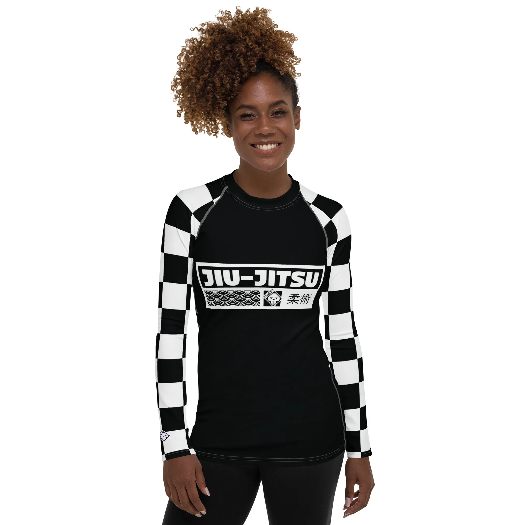 Trendy Training Attire: Checkered Women's Long Sleeve BJJ Rash Guard - Noir Jiu-Jitsu