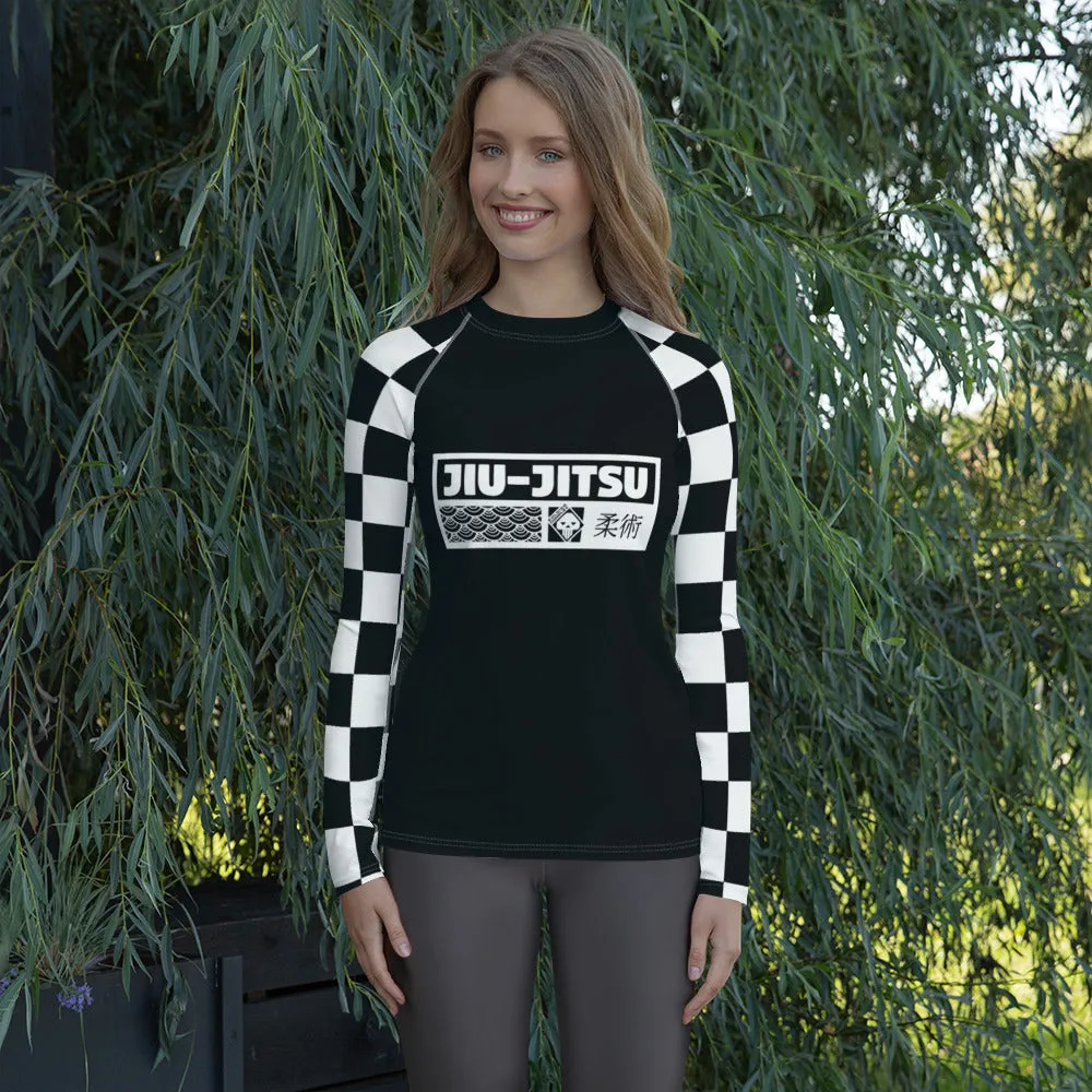 Trendy Training Attire: Checkered Women's Long Sleeve BJJ Rash Guard - Noir Jiu-Jitsu