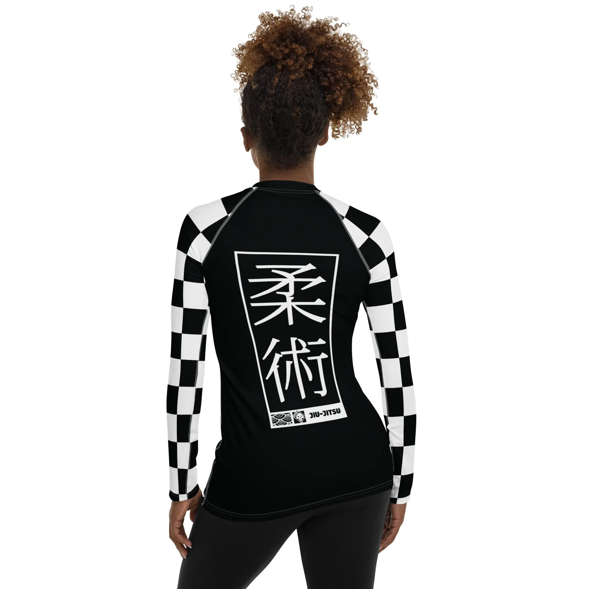 Trendy Training Attire: Checkered Women's Long Sleeve BJJ Rash Guard - Noir Jiu-Jitsu