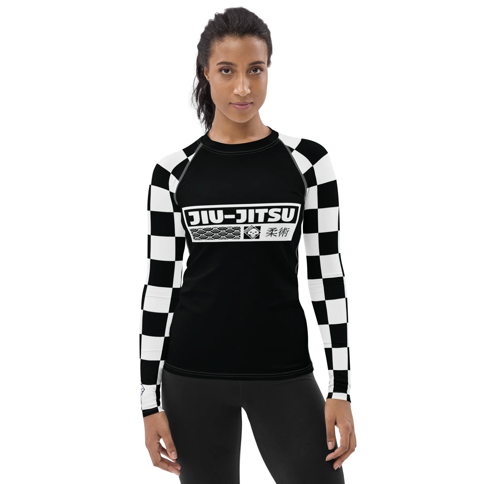 Trendy Training Attire: Checkered Women's Long Sleeve BJJ Rash Guard - Noir Jiu-Jitsu