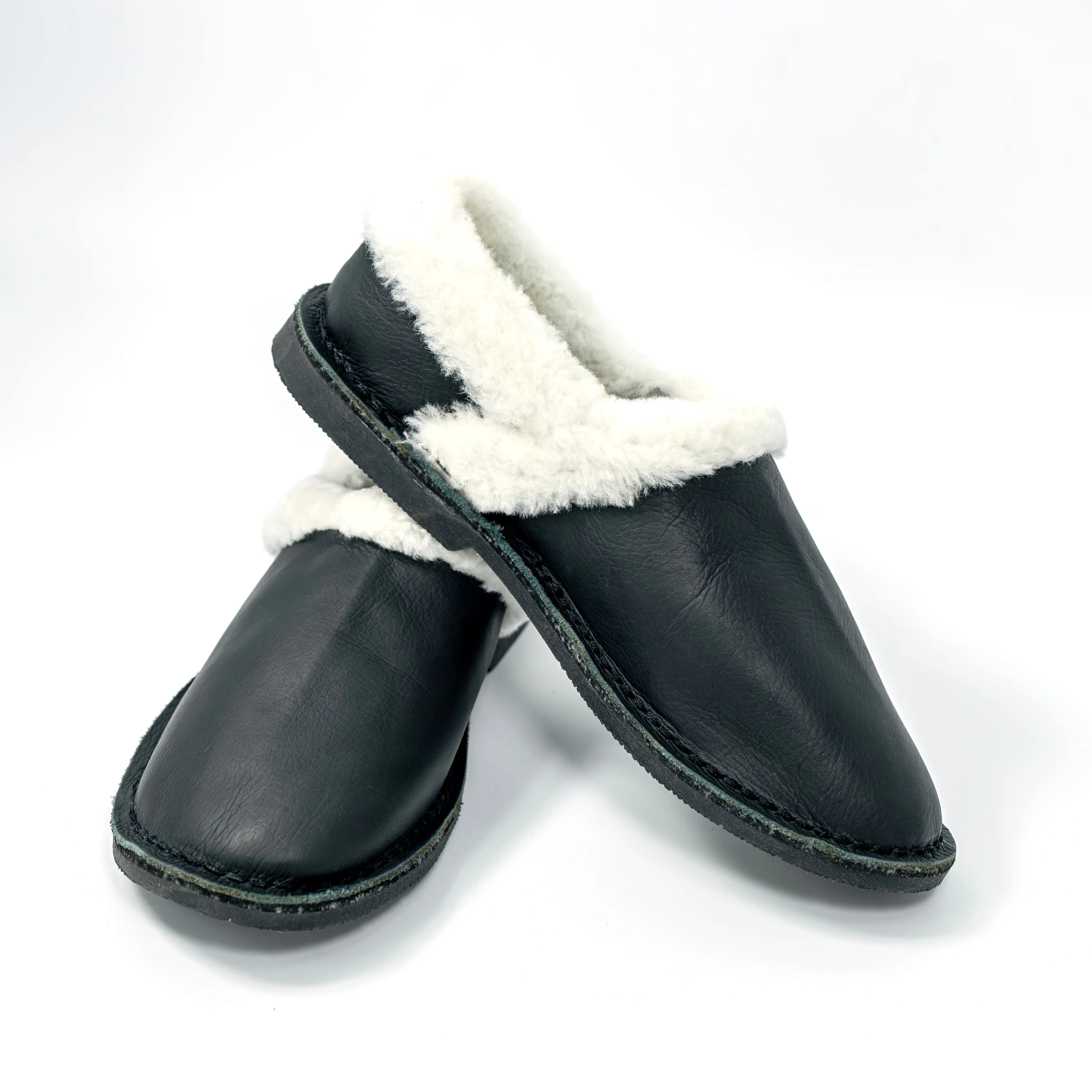 Unisex Genuine Leather Wool Slippers (Black)