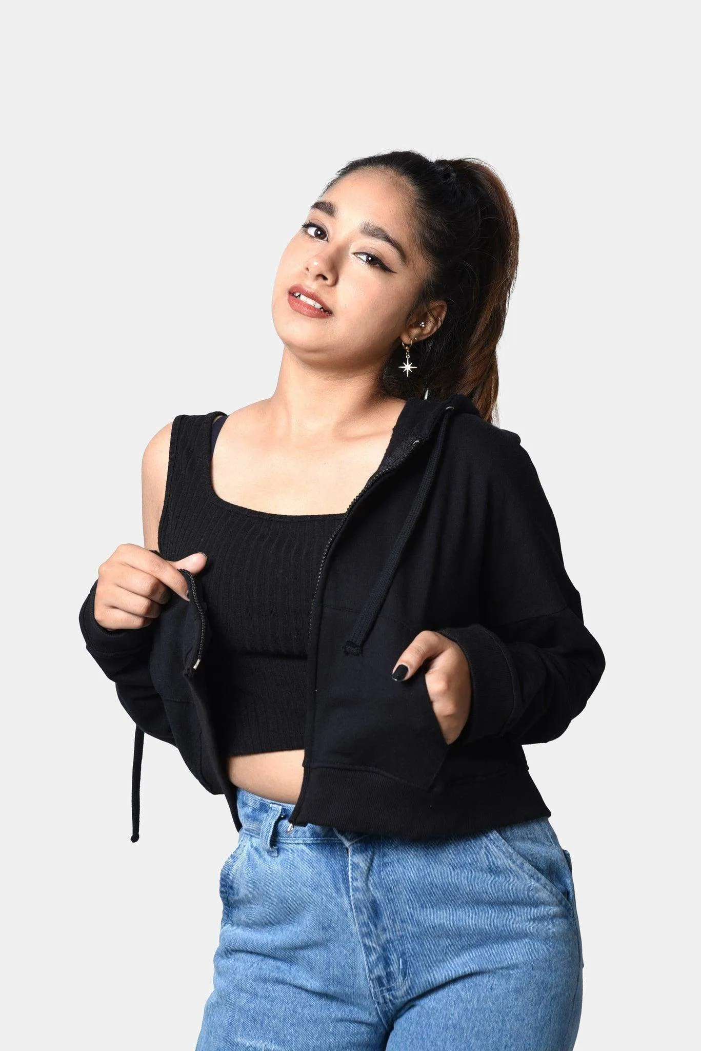 Zipper Crop Hoodie Black - Fleece